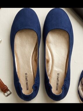 NWOT Mossimo Supply Co. Navy Fabric Ballet Flats Gold Insole (10) Easy Slip On